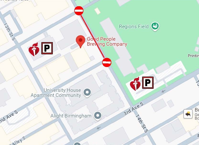 Map showing parking lots at Regions Field at the corner of fourteenth Street South and third Avenue South and behind Good People Brewing at the corner of first Avenue South and thirteenth Street South as well as road closure of fourteenth Street South between Good People and Regions Field.